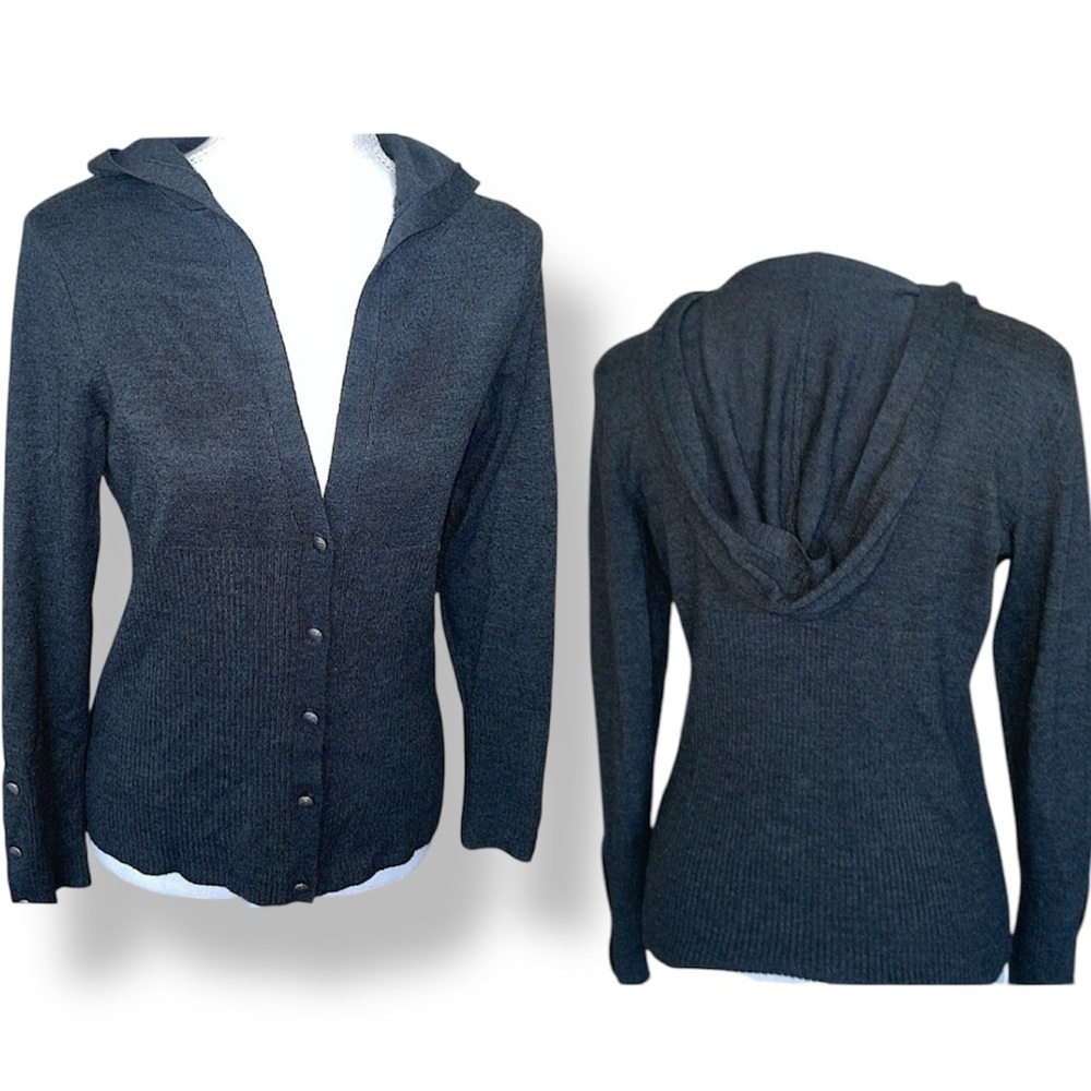 Sporty Charcoal Gray Knit Hooded Cardigan Button Front Sweater Ribbed Trim Sz S